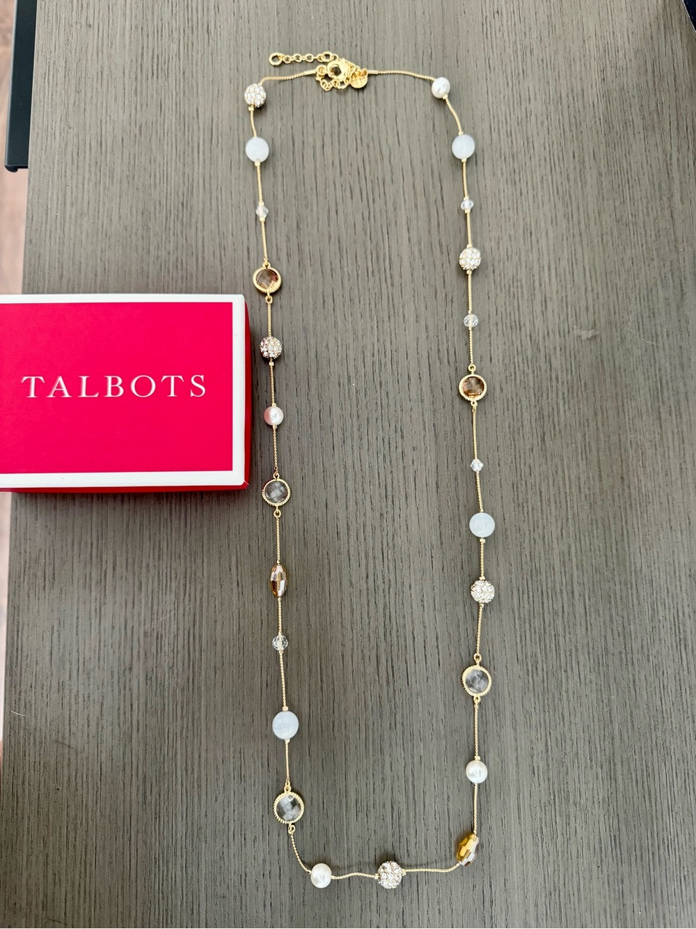 Talbots Gold Necklace with White and Clear Beads